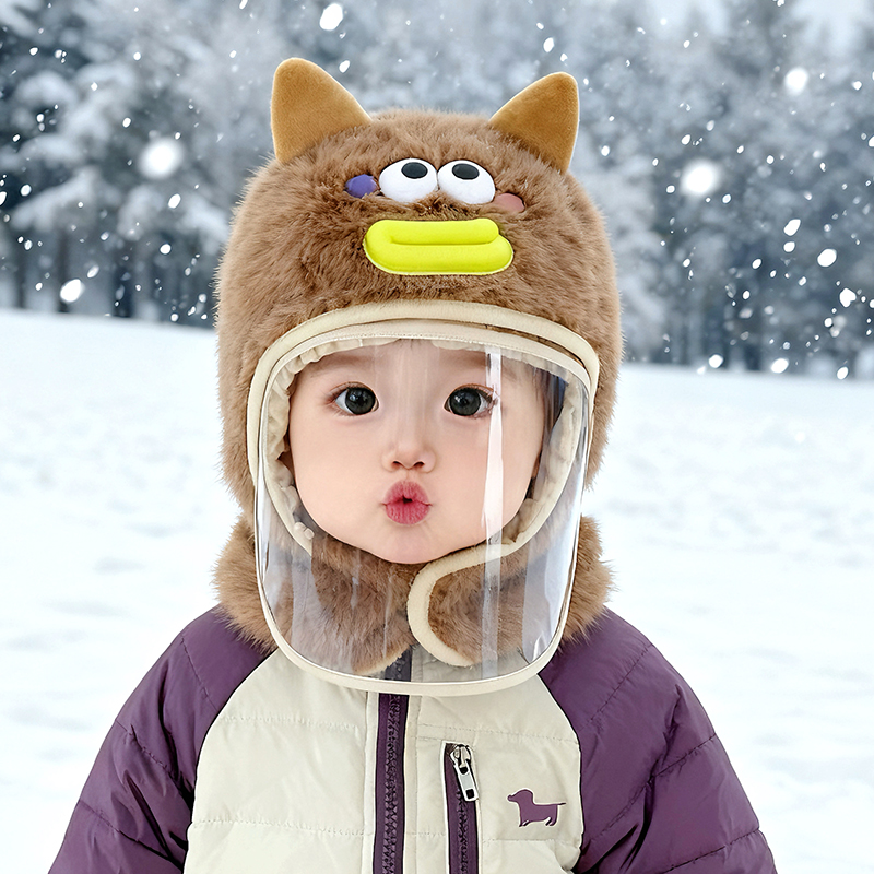 宝宝帽子围脖一体披肩帽男童女婴儿两件套秋冬季毛绒带面罩帽保暖