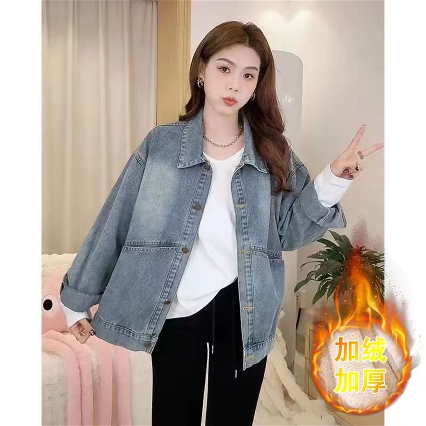 盐系复古加绒牛仔外套女韩系chic小个子宽松洋气减龄休闲上衣夹克