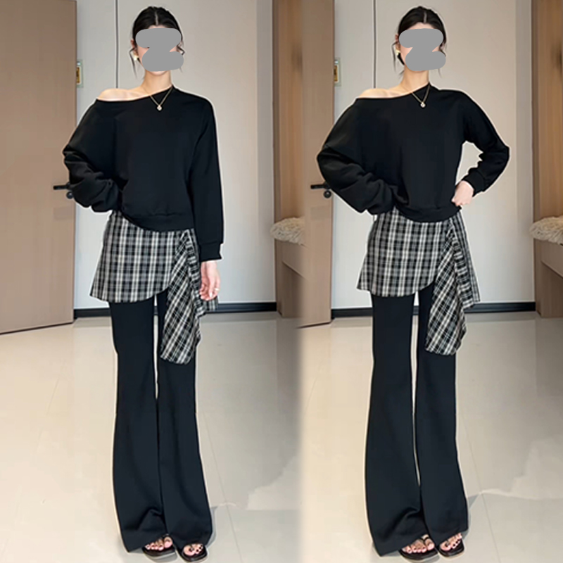 韩系氛围感女装套装2026年春秋新款斜肩长袖卫衣格子阔腿裤两件套