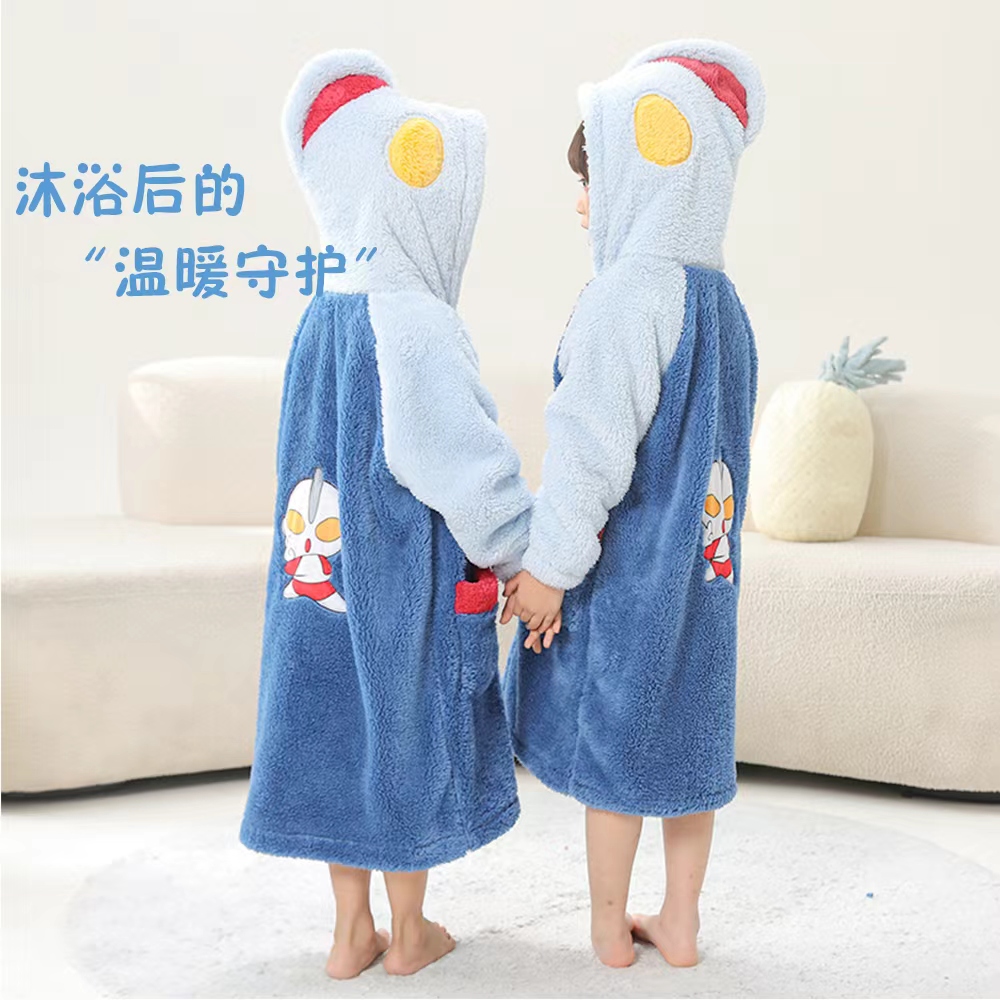 男童睡袍秋冬季珊瑚绒加厚男孩宝宝法兰绒连帽浴袍儿童睡衣家居服