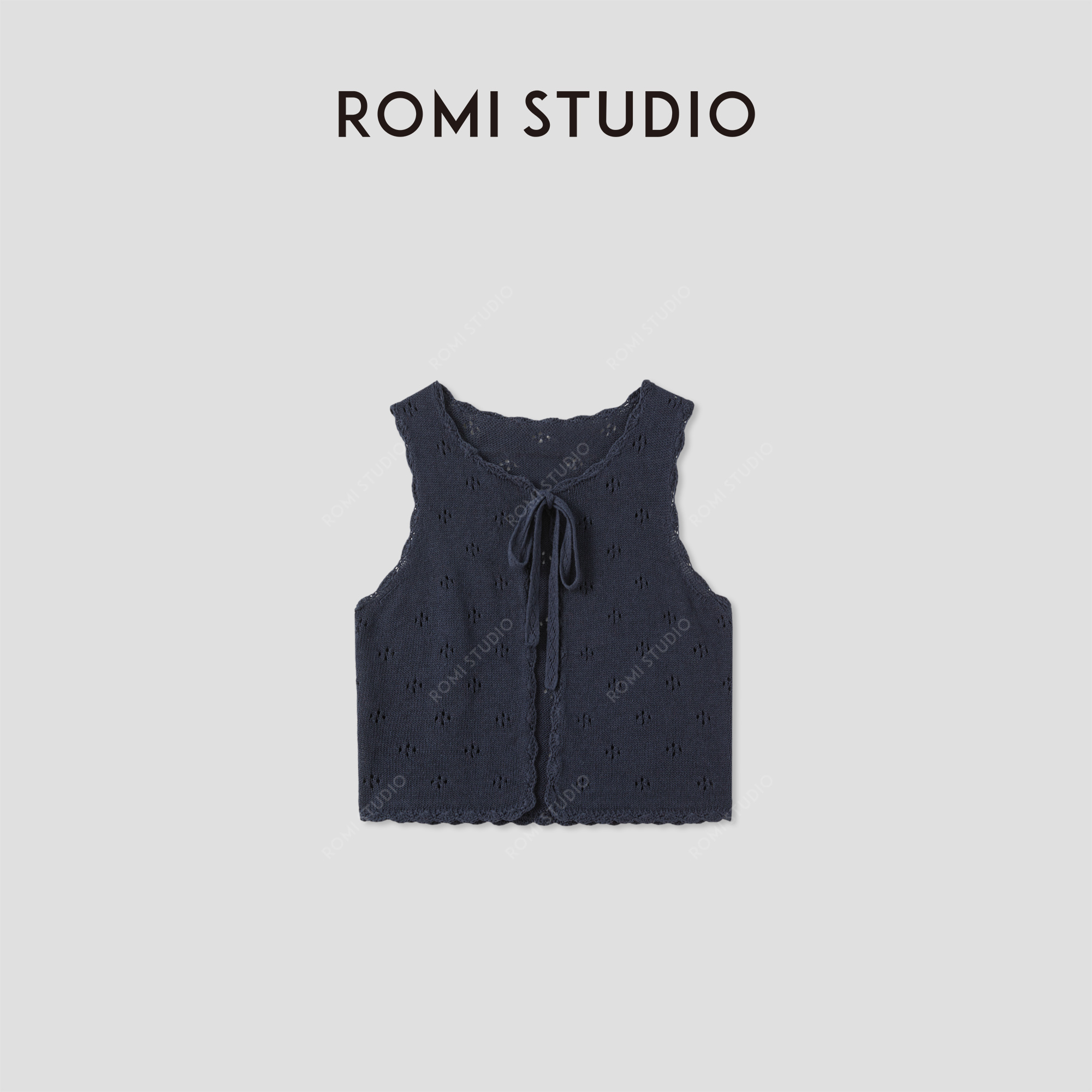 ROMI STUDIO“法式复古”天然亚麻镂空钩织系带马甲开衫 RWCRST4131