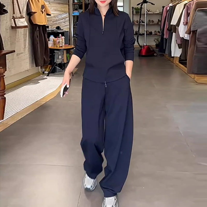 巨好看的早秋一整套2025新款韩版时尚立领卫衣高腰阔腿裤两件套女