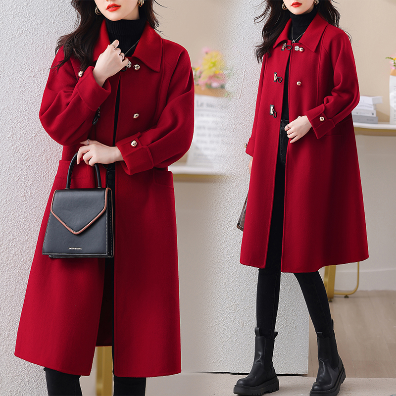 冬季毛呢外套红色毛呢大衣2025秋冬新款秋冬厚款翻领宽松型洋气女