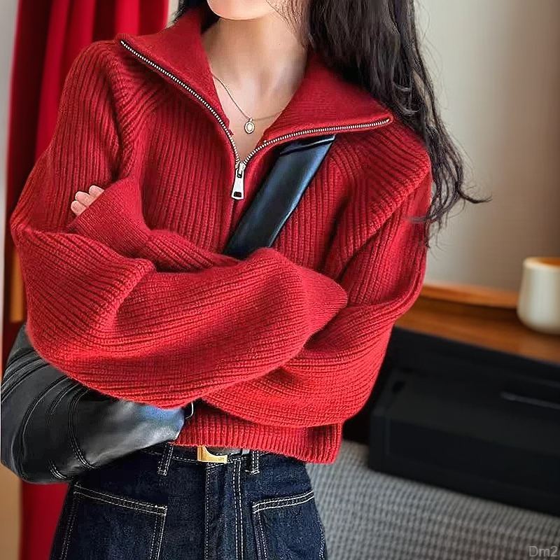 设计感半高领拉链红色针织衫女短款2024春秋新款宽松加厚高腰毛衣