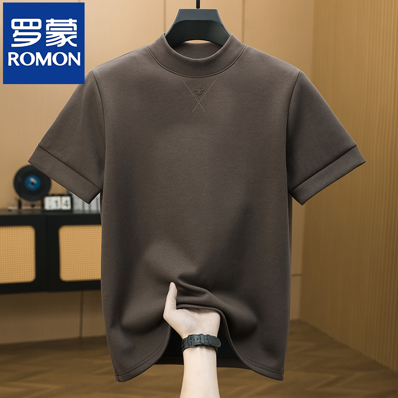 罗蒙2025秋季男士新款短袖T恤半高领休闲卫衣纯色加厚保暖打底衫