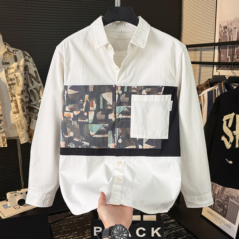 复古拼接长袖衬衫秋季新款潮流男士时尚百搭印花文艺休闲宽松衬衣