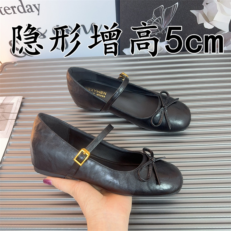 法式真皮玛丽珍单鞋女2025新款夏季蝴蝶结芭蕾舞鞋浅口内增高单鞋