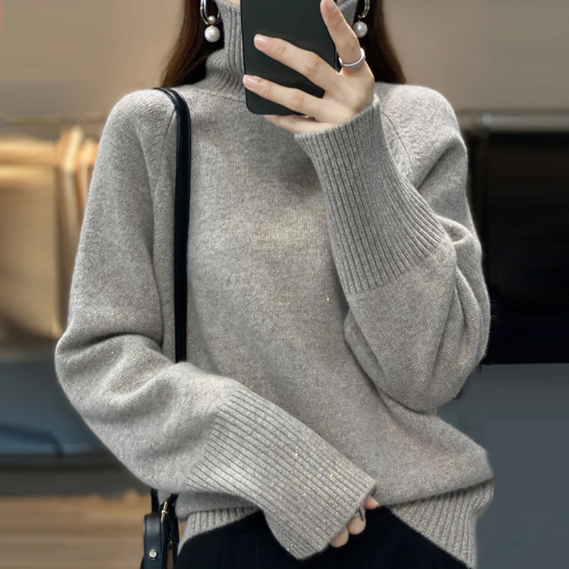 100纯羊绒衫女士秋冬新款高领宽松毛衣针织加厚堆堆领羊毛打底衫