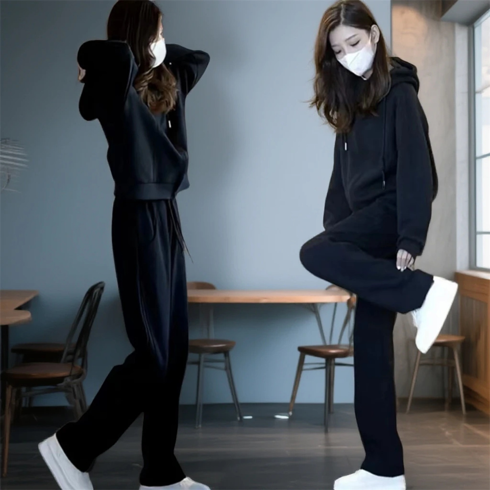 时尚套装女春秋季2025新款黑色连帽长袖卫衣配休闲显瘦卫裤两件套