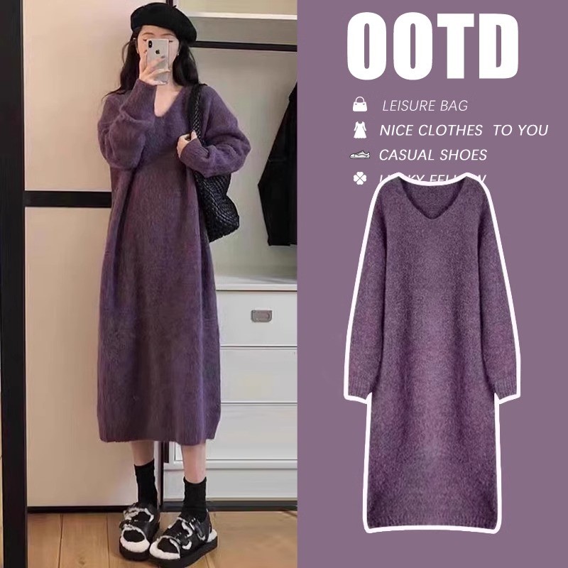 2025年秋冬女款新款配大衣长款过膝厚款毛衣粉色打底针织连衣裙