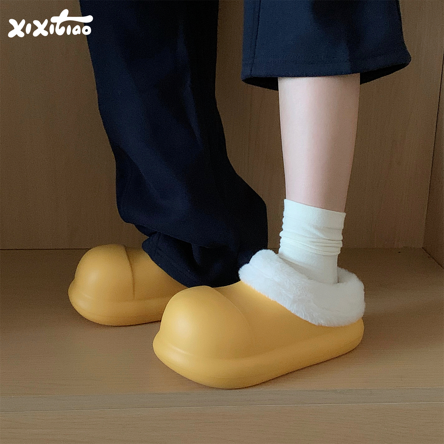 细细条 加绒厨师鞋外穿居家百搭厚底懒人一脚蹬女冬防水棉拖鞋ins