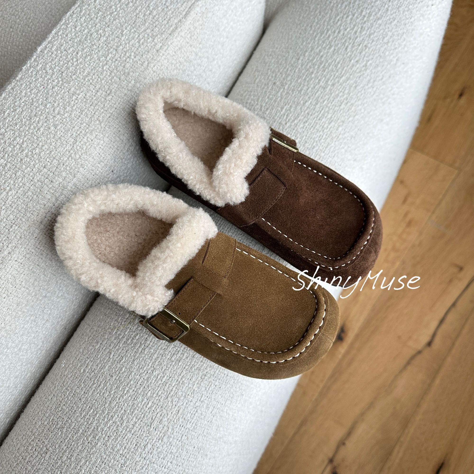 ShinyMuse缪斯定制牛反绒方头保暖纯色搭扣内增高勃肯鞋