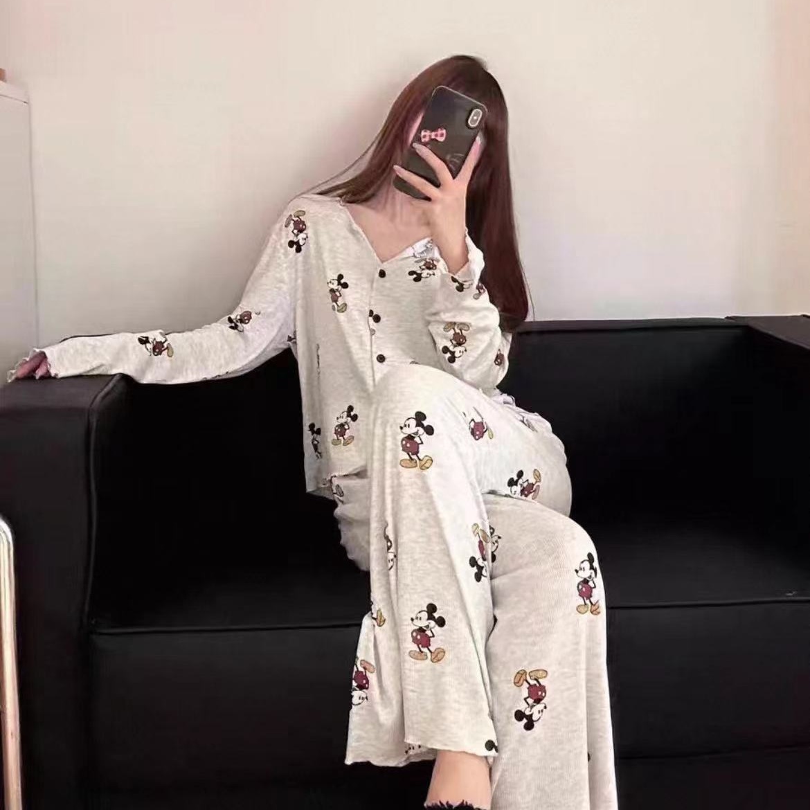 【家居服套装】韩系可爱米奇开衫长袖长裤家居宽松亲肤舒适睡衣女x