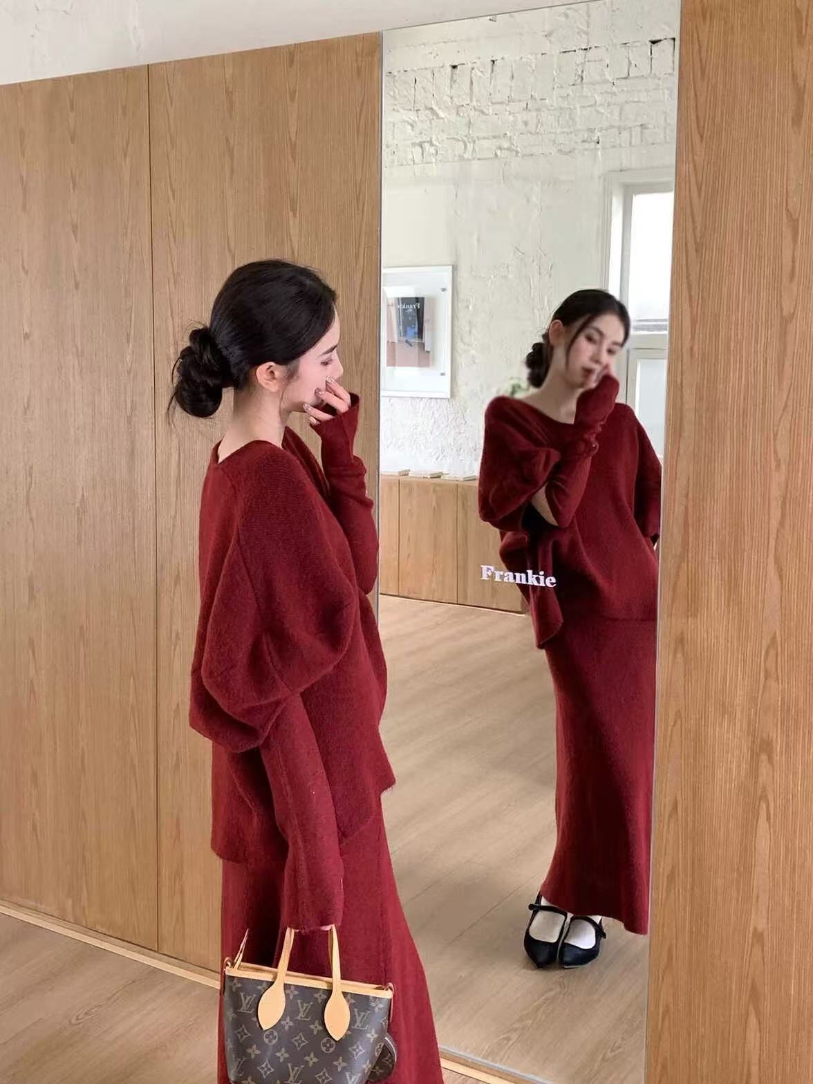 时尚套装短袖+袖套+半身裙三件套法式小香风针织韩版显瘦秋冬潮