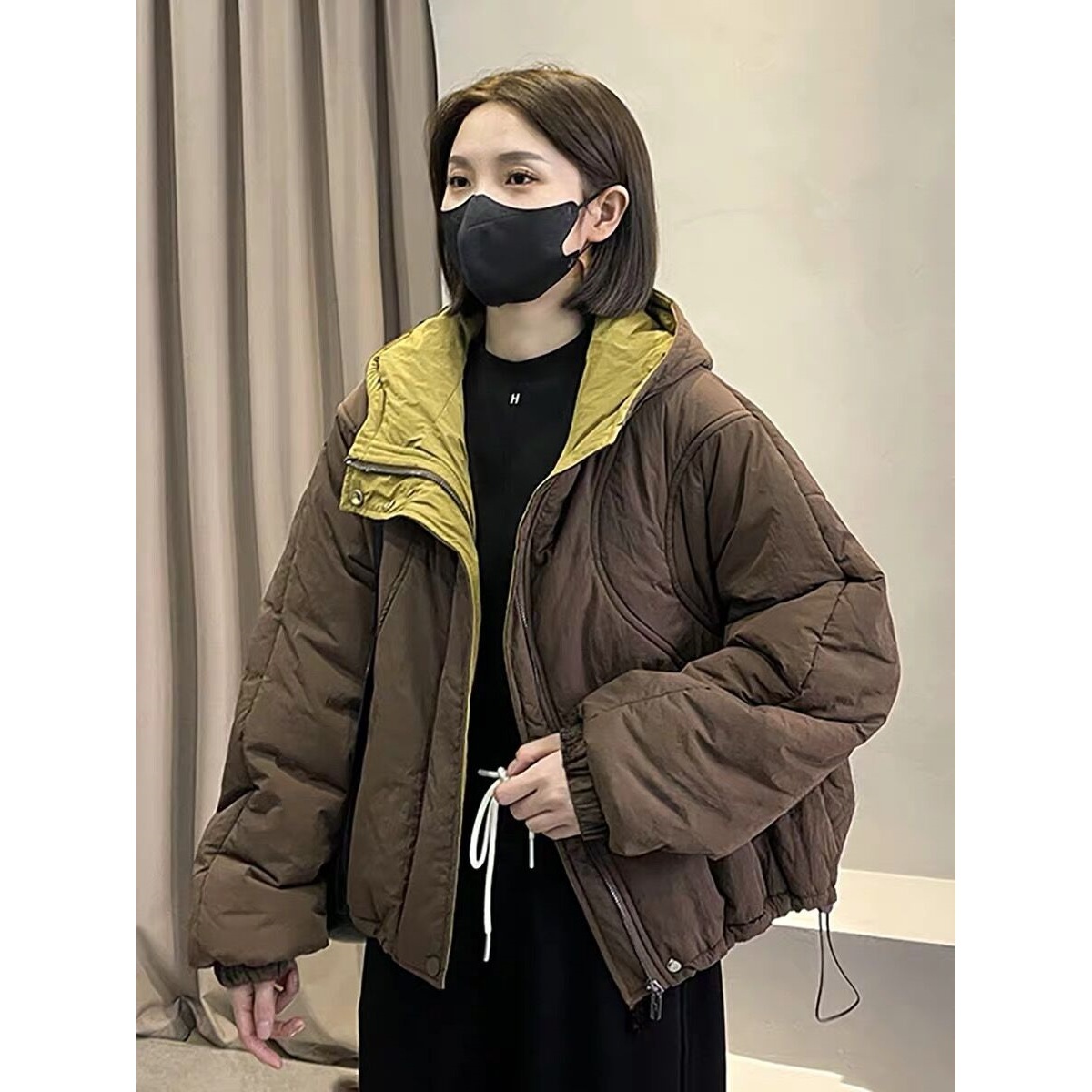 欧货连帽撞色减龄拉链设计感棉衣2023冬新洋气抽绳保暖棉服外套女