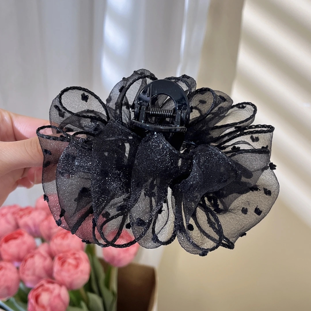韩版雪纺欧根纱抓夹蕾丝发夹春夏新款简约发饰气质网红时尚黑色