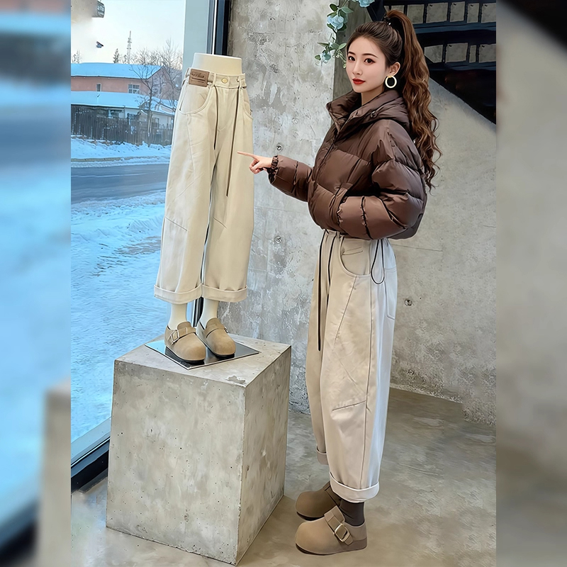 加绒哈伦弯刀牛仔裤女冬季2025新款大码胖mm小个子九分老爹萝卜裤