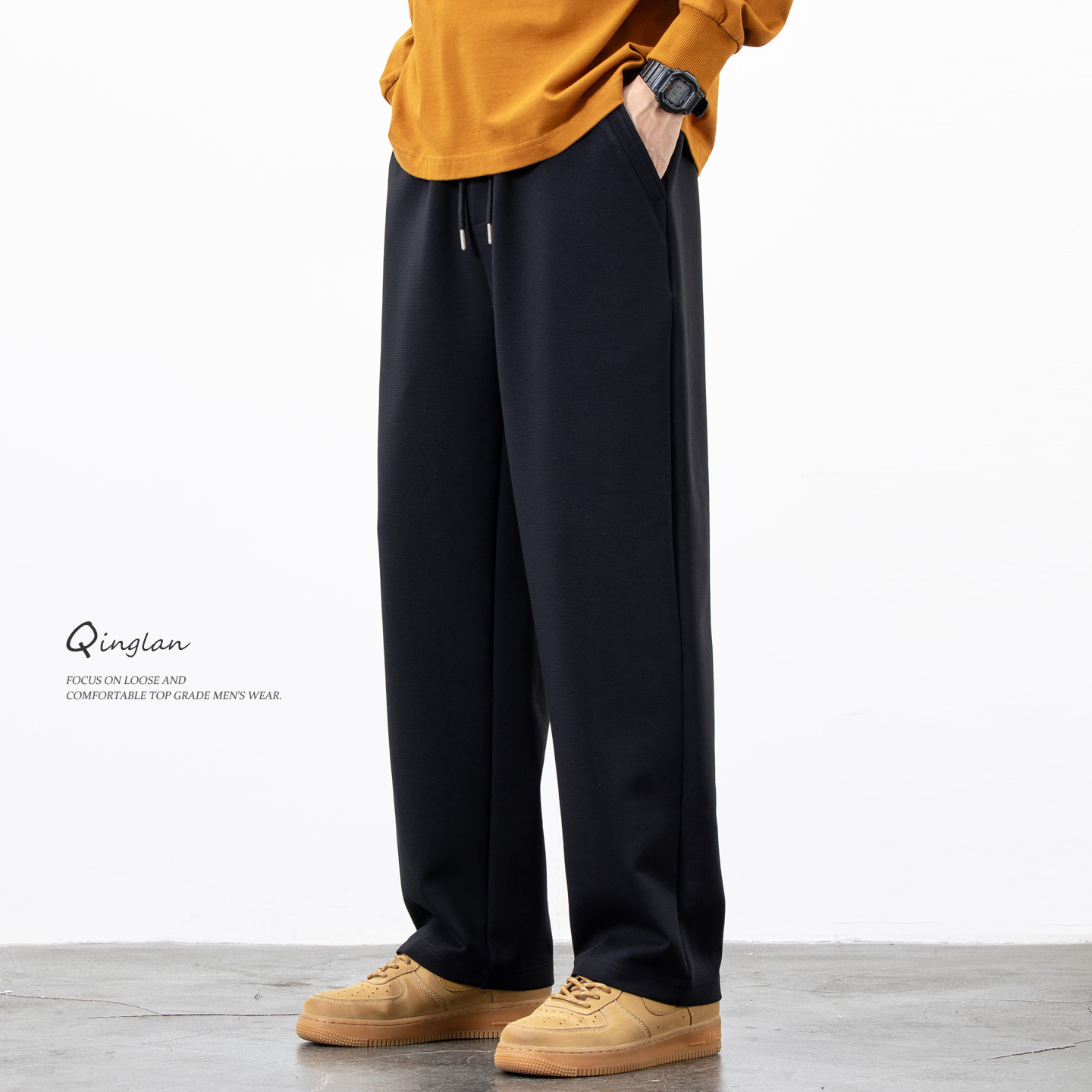 黑色裤子男宽松直筒潮流休闲重磅针织大码运动长裤秋冬款百搭卫裤