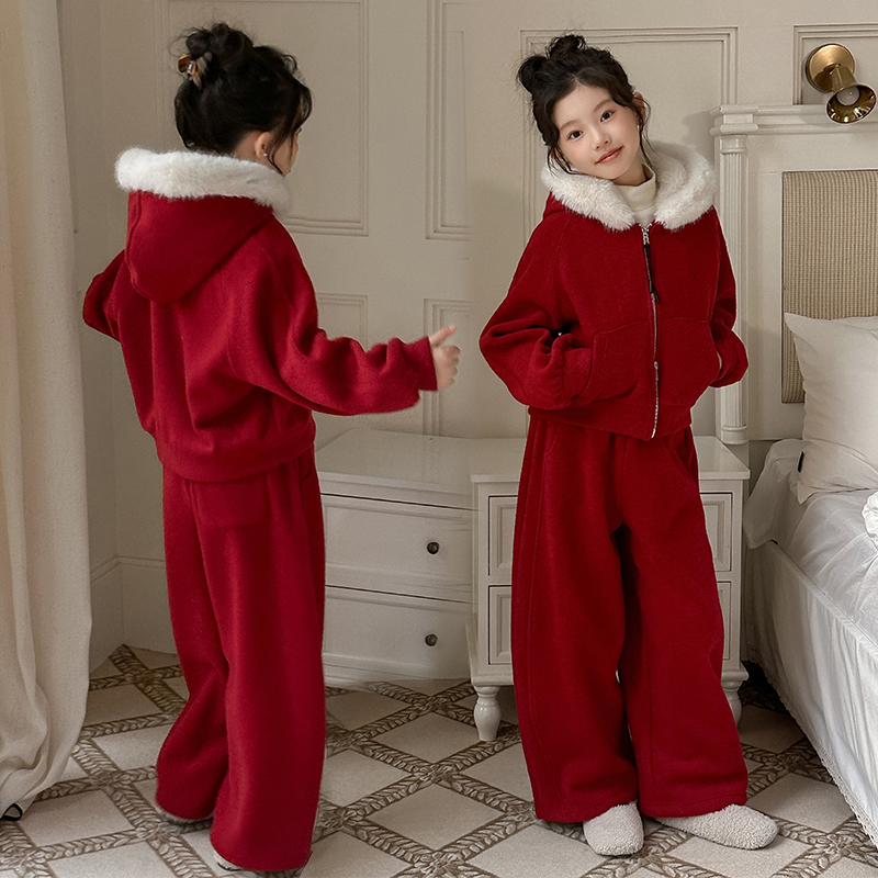 女童套装冬装红色年服大毛领外套儿童装加绒加厚裤子大童女两件套