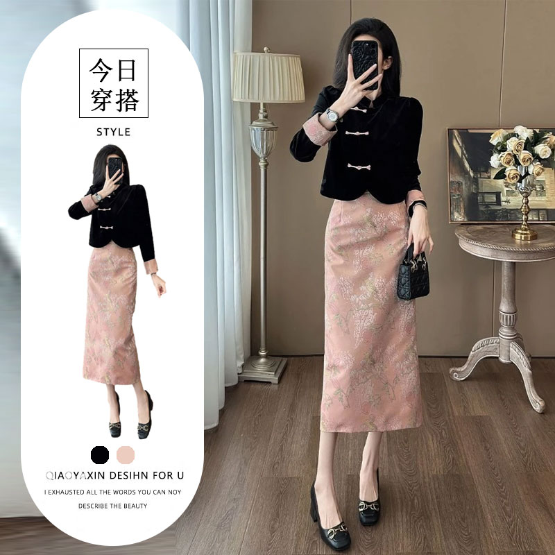 时髦精气质复古风盘扣上衣高腰包臀开叉半身裙女新中式国风套装裙