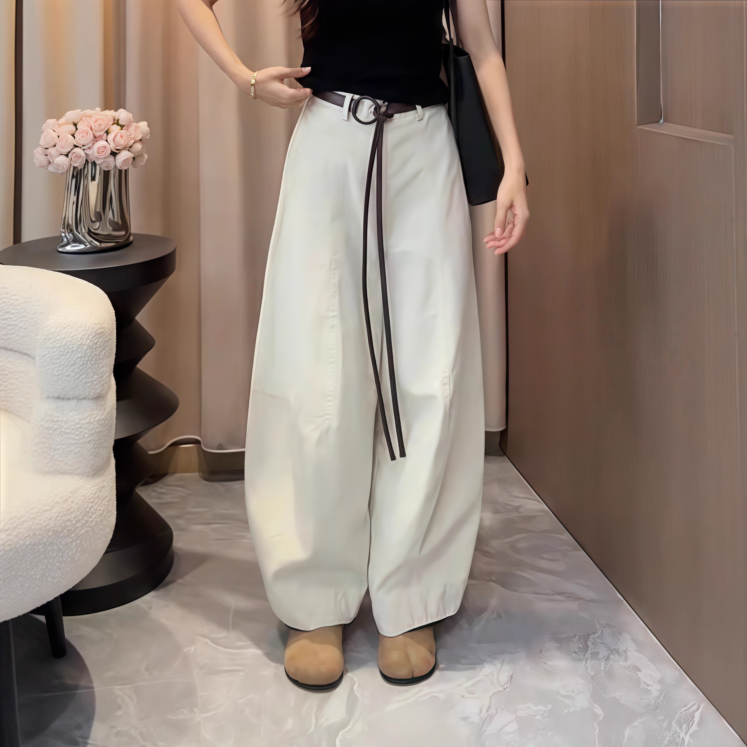 欧韩货杏色宽松高腰慵懒阔腿裤女春秋款百搭休闲弯刀裤爆款萝卜裤