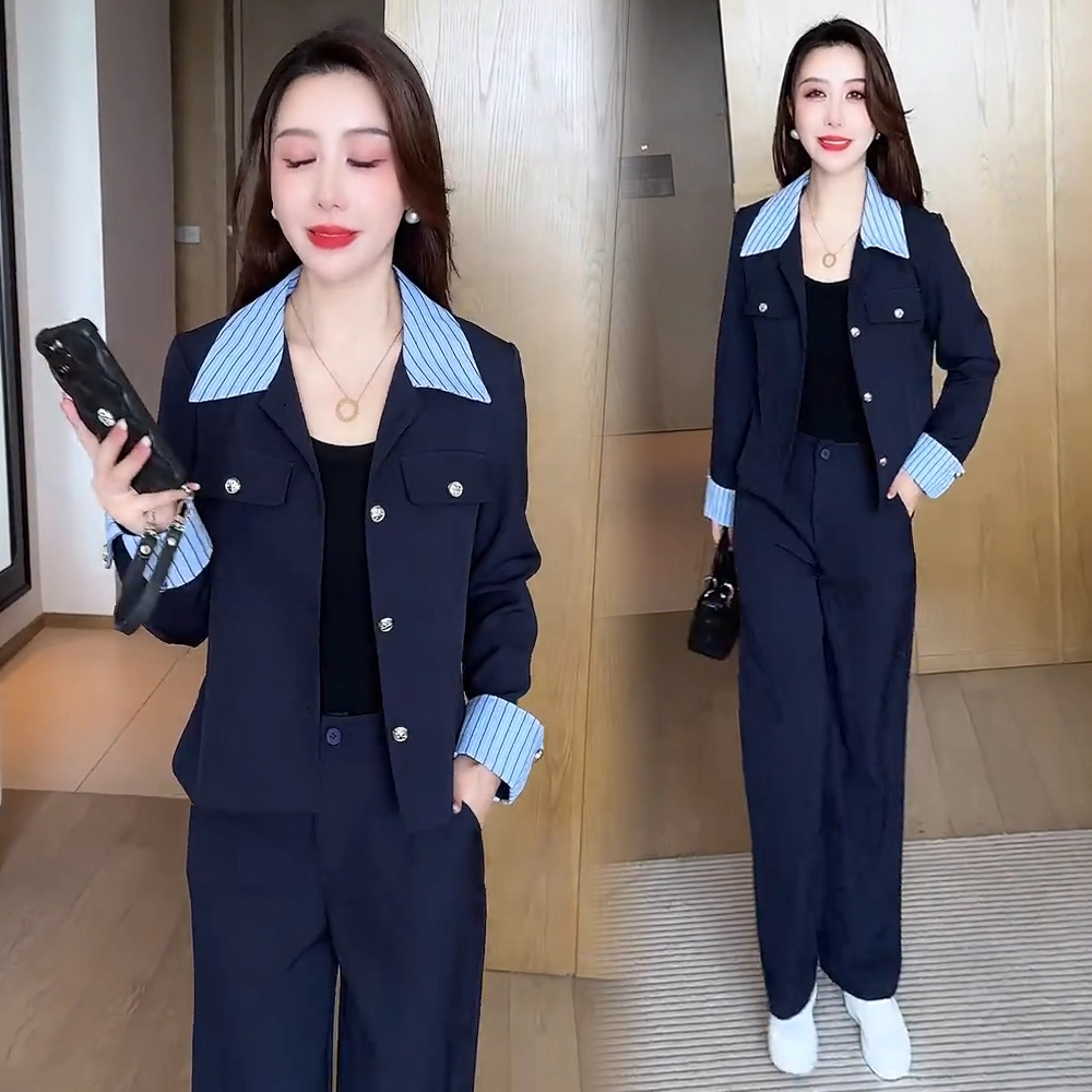 时尚西服套装女2025秋季新款洋气显瘦条纹拼接上衣阔腿裤两件套潮