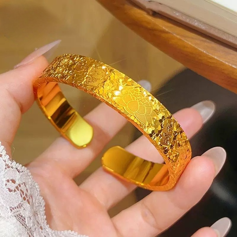 铜合金手镯 【莲花吉言开口碎碎冰手镯】时尚爆闪镭射雕刻实心加厚