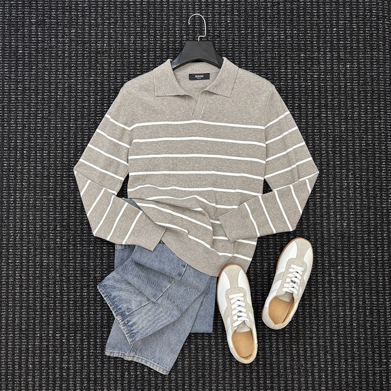 MIGSIMHE·意式老钱条纹翻领针织衫长袖秋季男士商务通勤休闲毛衣