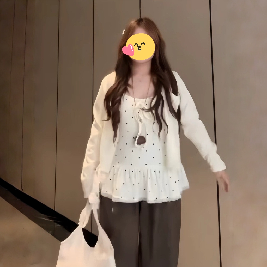 大码纯欲蕾丝花边挂脖吊带秋季微胖MM新款气质荷叶边开衫两件套装