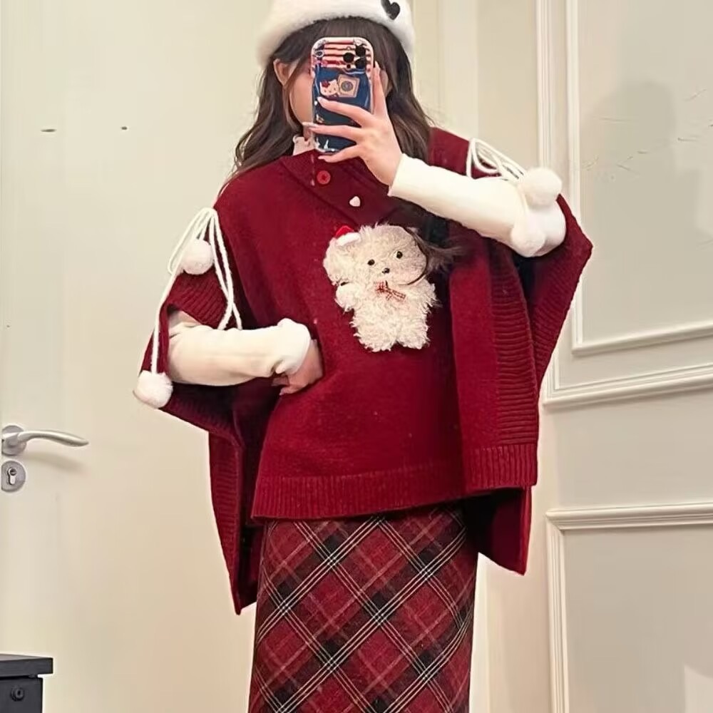 斗篷小狗红色 织物猪原创 miu系圣诞新年毛绒小狗秋冬针织衫上衣