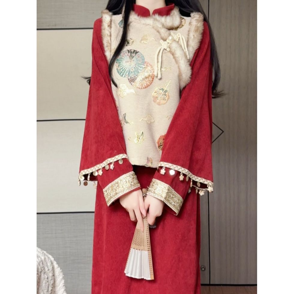 抹茶2025年秋冬季新款改良马甲旗袍复古民国风灯芯绒少女长裙套装