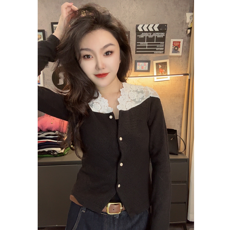 设计感蕾丝拼接长袖针织开衫女春季时尚气质V领显瘦小衫别致上衣