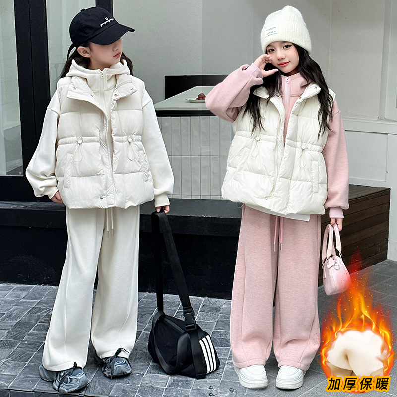 女童冬季套装2025新款6-15岁网红棉马甲加绒加厚卫衣裤子三件套潮