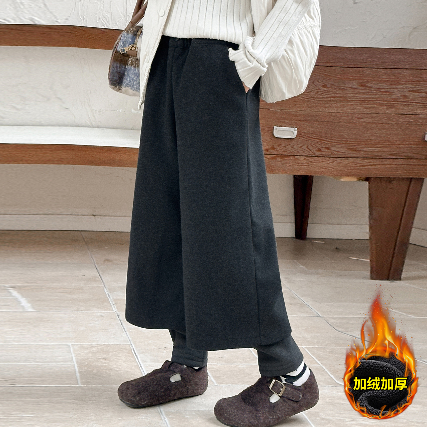 女童冬季假两件加绒阔腿裤2025新款儿童加厚保暖中大童七分休闲裤