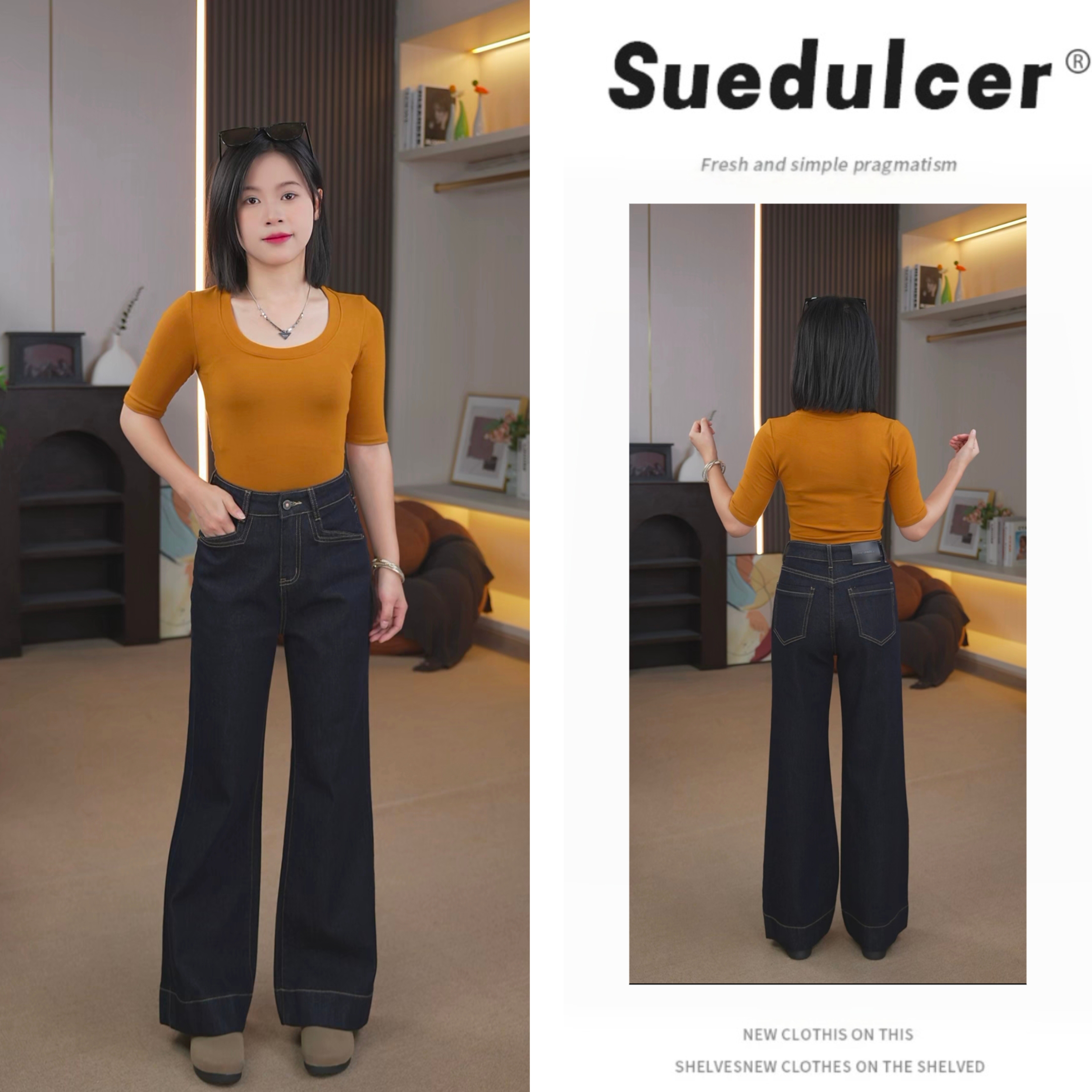 【秋季新款】直筒微喇裤丹宁蓝时尚春秋设计款中腰显瘦阔腿宽松爆款