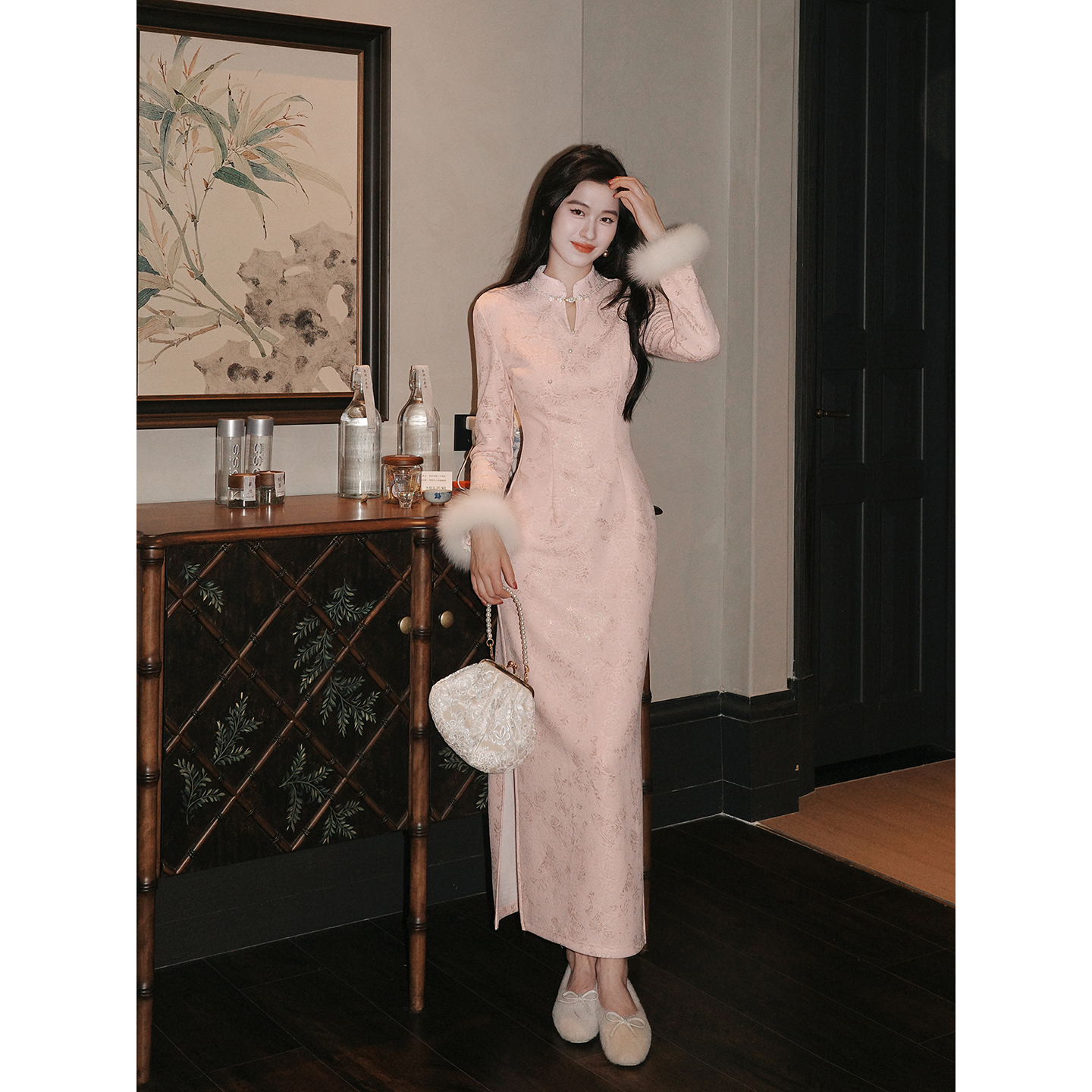 凌茜恣禾【粉珀绣玫】新中式飘金玫瑰针织可拆卸毛毛冬季旗袍连衣裙