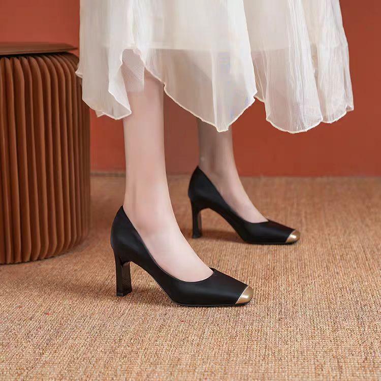 拼接高跟鞋女春2025新款方头粗跟时尚百搭通勤浅口单鞋气质工作鞋