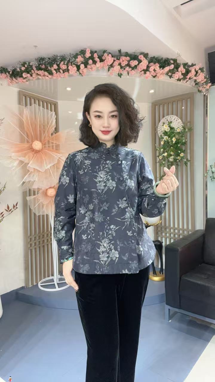 【秋冬加绒】新中式国风高级感墨染花木耳边盘扣立领斜扣衬衫9070-2