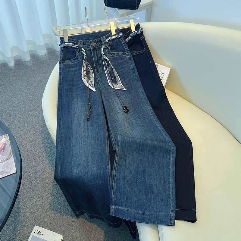 拉夏贝尔窄版直筒牛仔裤女2025春秋季新款高腰宽松显瘦休闲阔腿裤