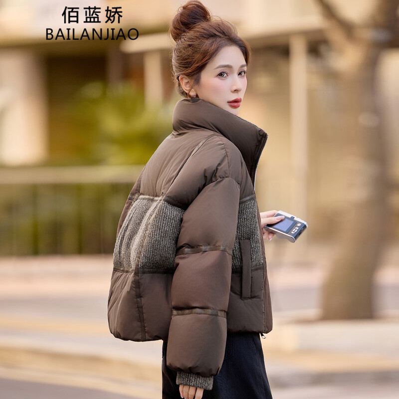 针织拼接短款羽绒服女2025新款冬季时尚高端洋气白鸭绒面包服外套