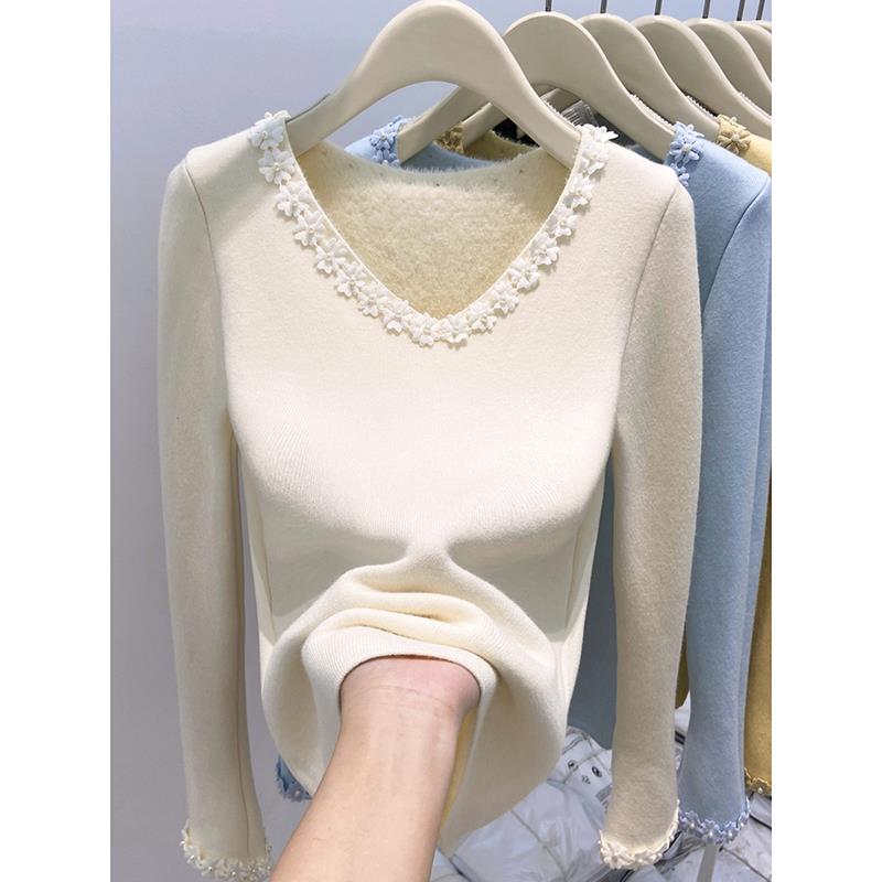 v领加绒加厚针织衫毛衣女装2025秋冬新款修身内搭长袖打底衫上衣