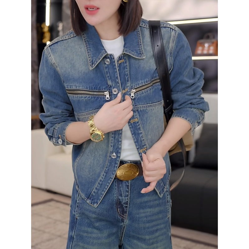 欧货翻领短款牛仔外套女春秋季2025新款小个子POLO领宽松休闲夹克