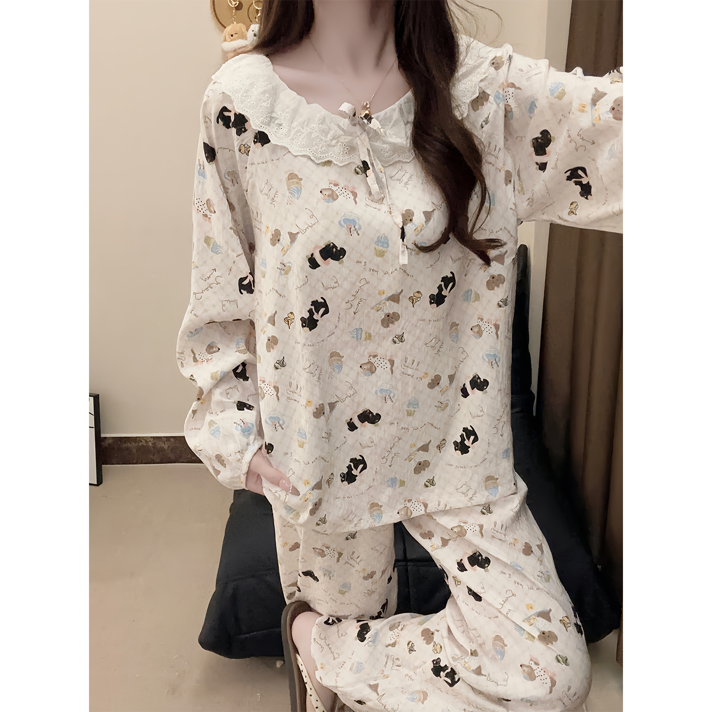 卡通睡衣女甜美风娃娃领新款春秋季学生薄款冬天家居服套装可外穿