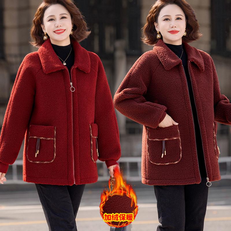 妈妈冬装加绒加厚翻领毛呢外套2025新款中老年女装颗粒绒保暖棉袄