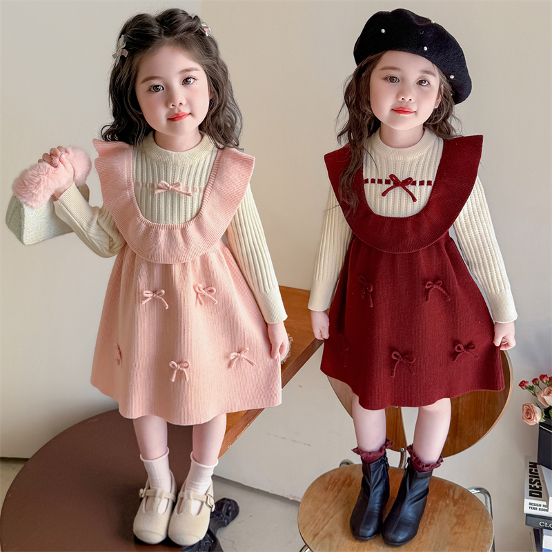 女童针织连衣裙洋气甜美秋冬装儿童毛衣裙子小女孩蝴蝶结公主裙子