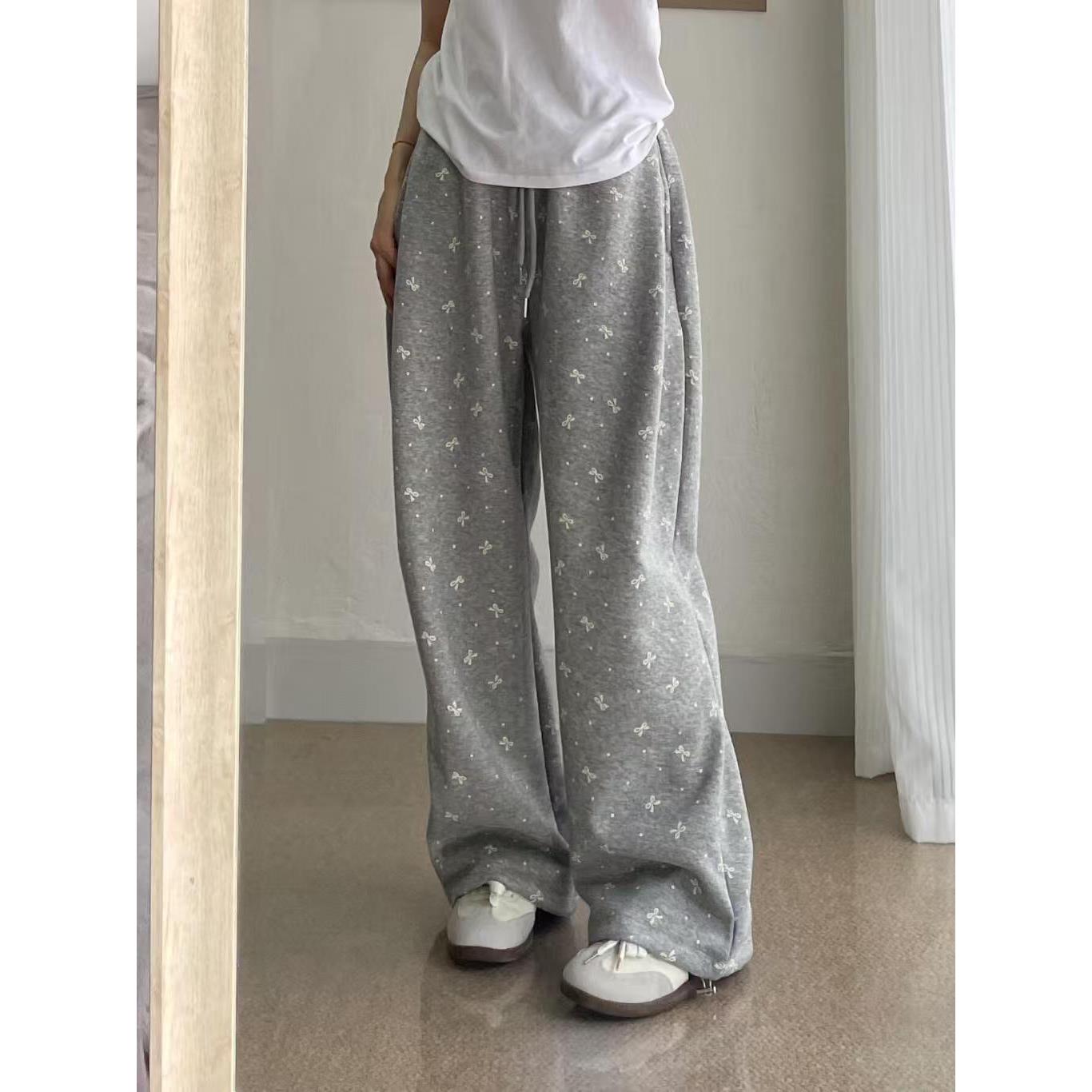 Sibiqi美式刺绣波点蝴蝶结印花休闲裤女秋季宽松高腰直筒运动卫裤