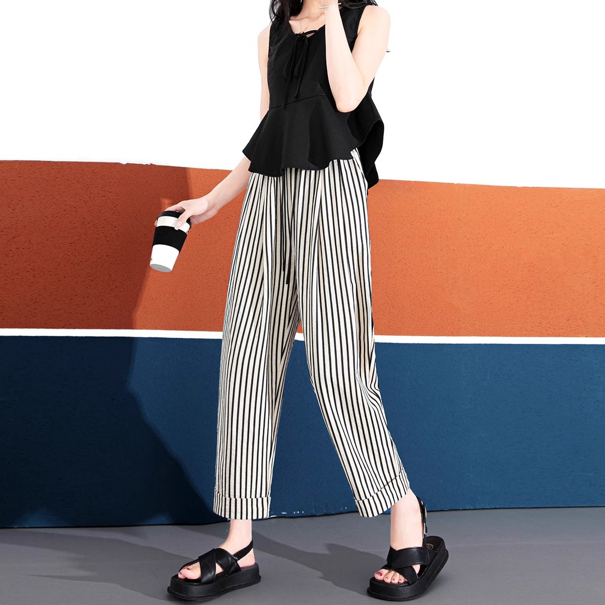 慵懒少女感~黑白条纹卷边休闲哈伦裤女夏季小个子九分小脚萝卜裤