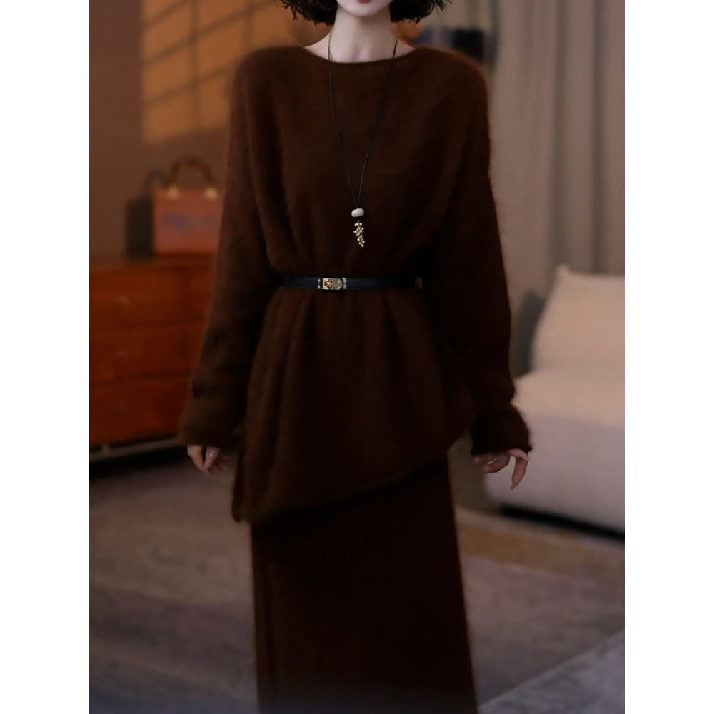 纯色休闲百搭针织宽松显瘦套装2025秋冬新款软糯套头针织衫半身裙