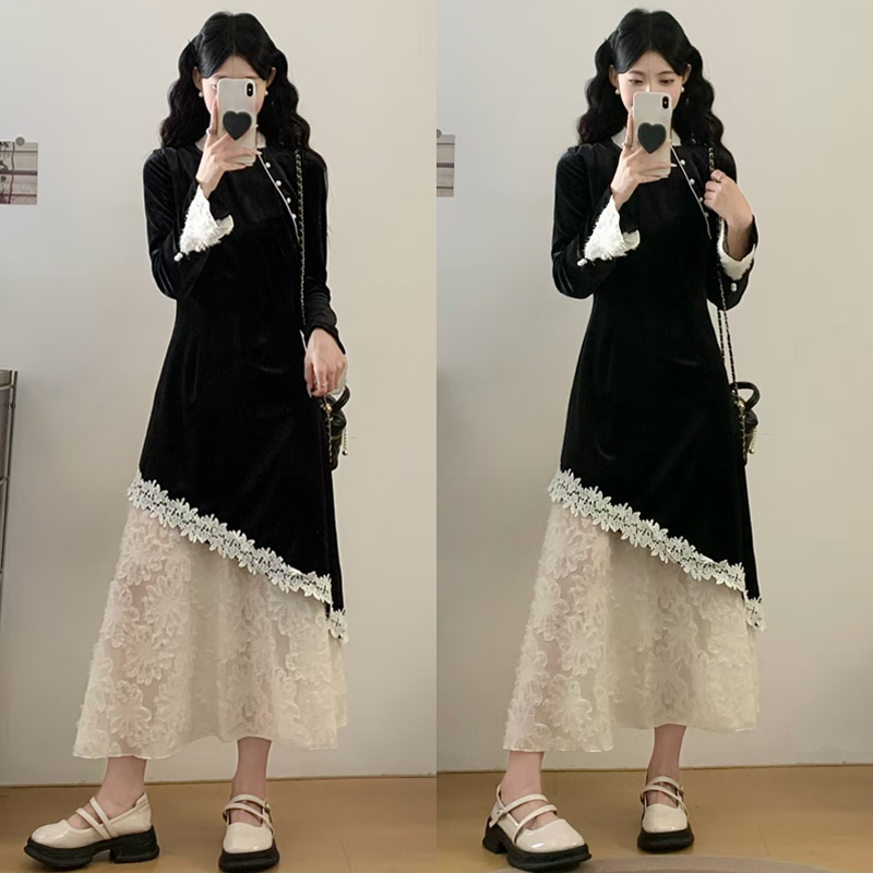 大码胖mm新中式复古改良旗袍裙蕾丝拼接假两件丝绒黑色气质长裙女