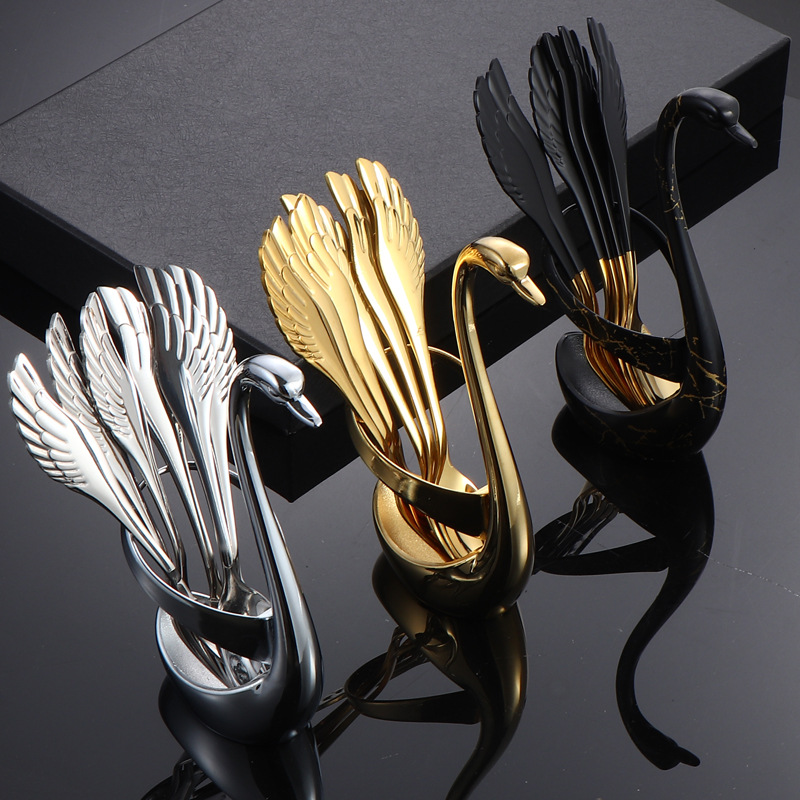 不锈钢羽翼勺叉创意天鹅底座高级摆件咖啡甜品勺叉套装